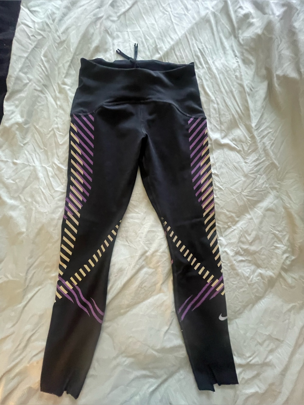 Nike Black Sports Leggings with Purple & Gold Stripe Accents